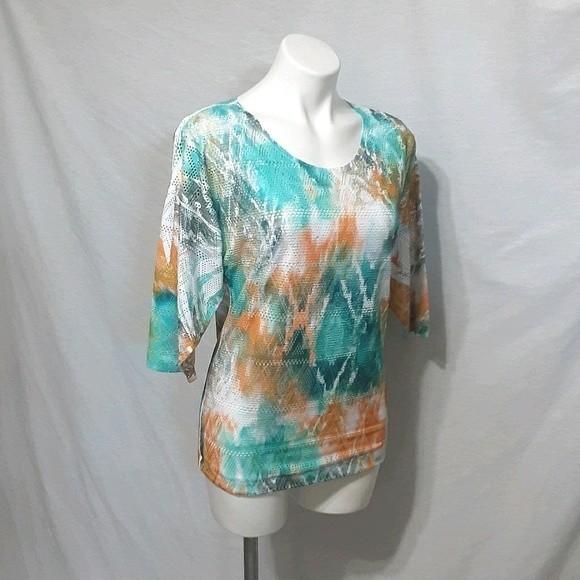 Reba Multicolor Tie Dye Print Top Small Teal Orange Gold Shimmery Boho Blouse - Picture 2 of 5